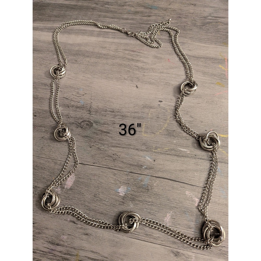 Silver Tone Double Chain Long Station Necklace Interlocking Rings 36 Inch